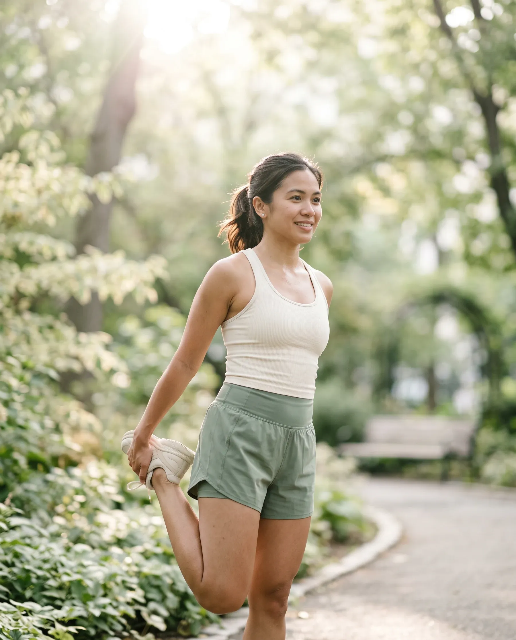 A woman stretching before a run on a leafy park path