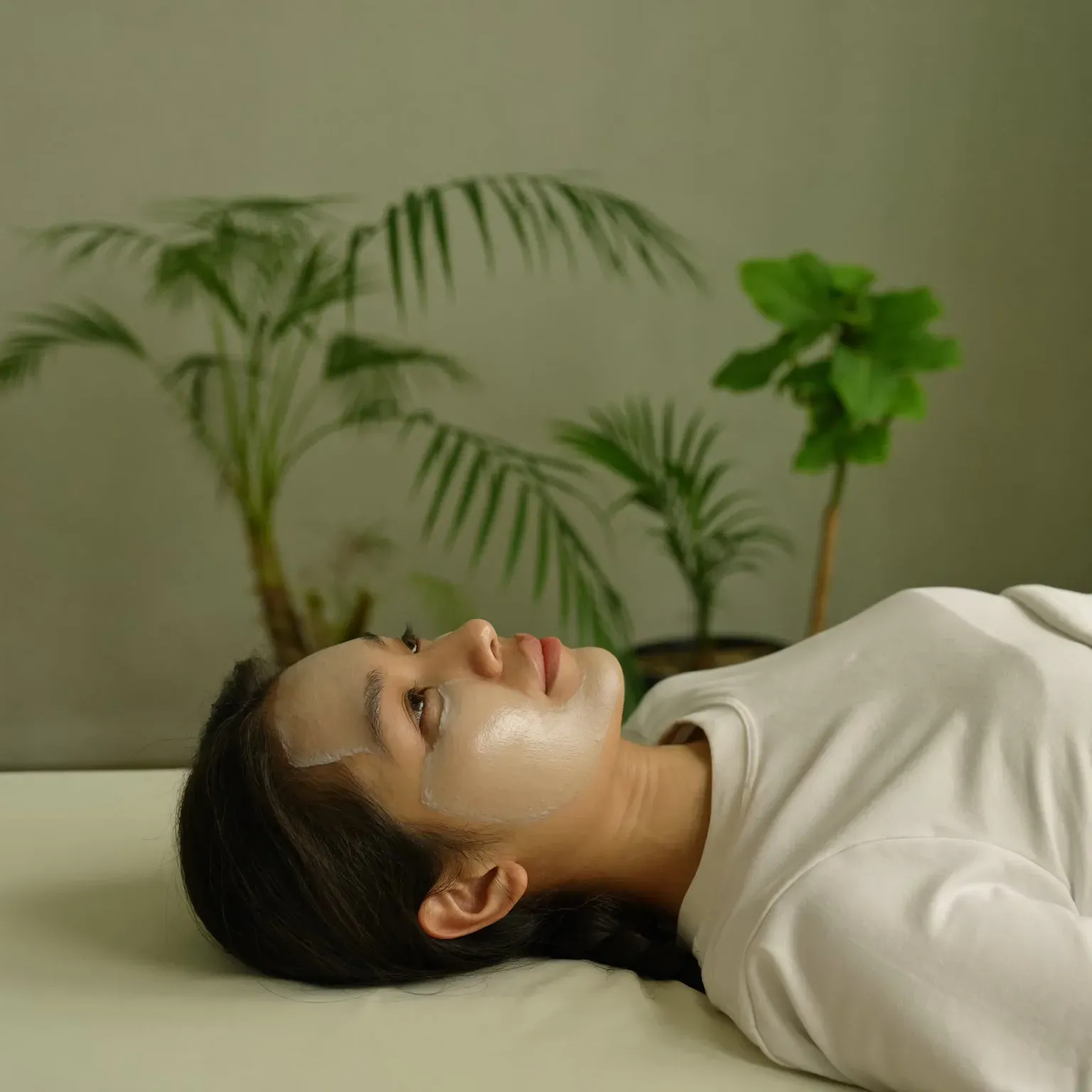 A woman lying down and resting, plants behind her