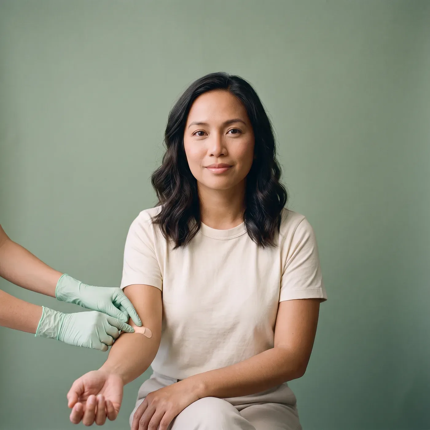 A seated woman as a nurse’s gloved hands put a plaster on the inside of her elbow