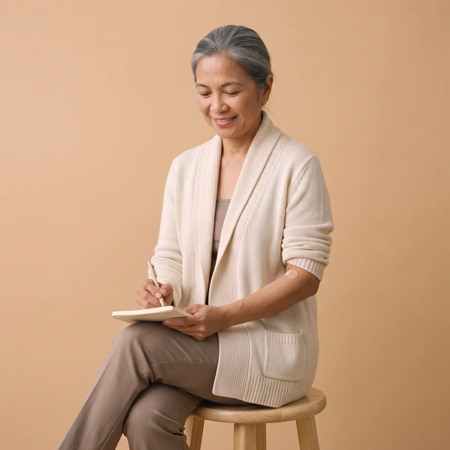 A seated woman writing in a notebook, a small plaster on the inside of her elbow