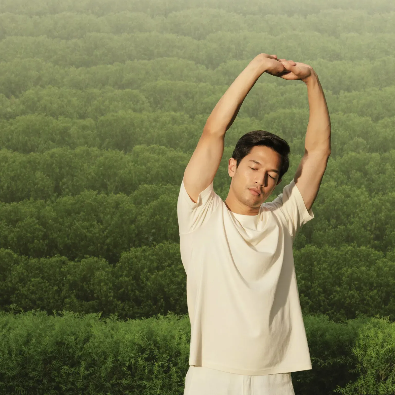 A man stretching his arms overhead in front of green hills