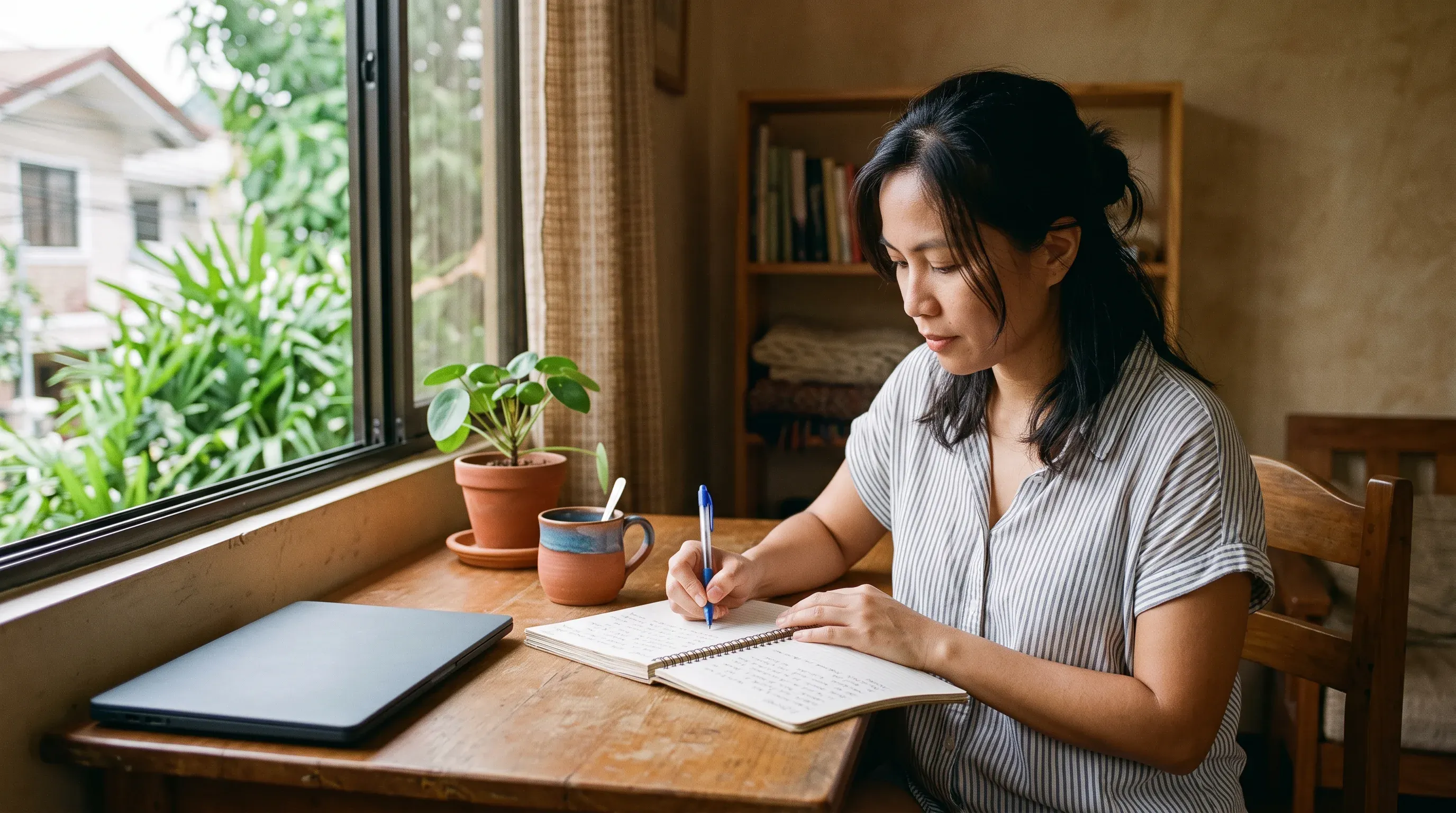A woman writing in a notebook at a desk