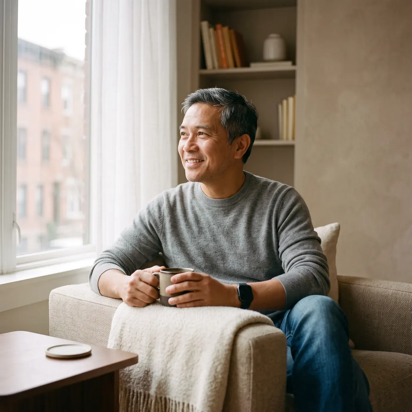 A smiling man in a gray sweater holding a cup in an armchair by a window