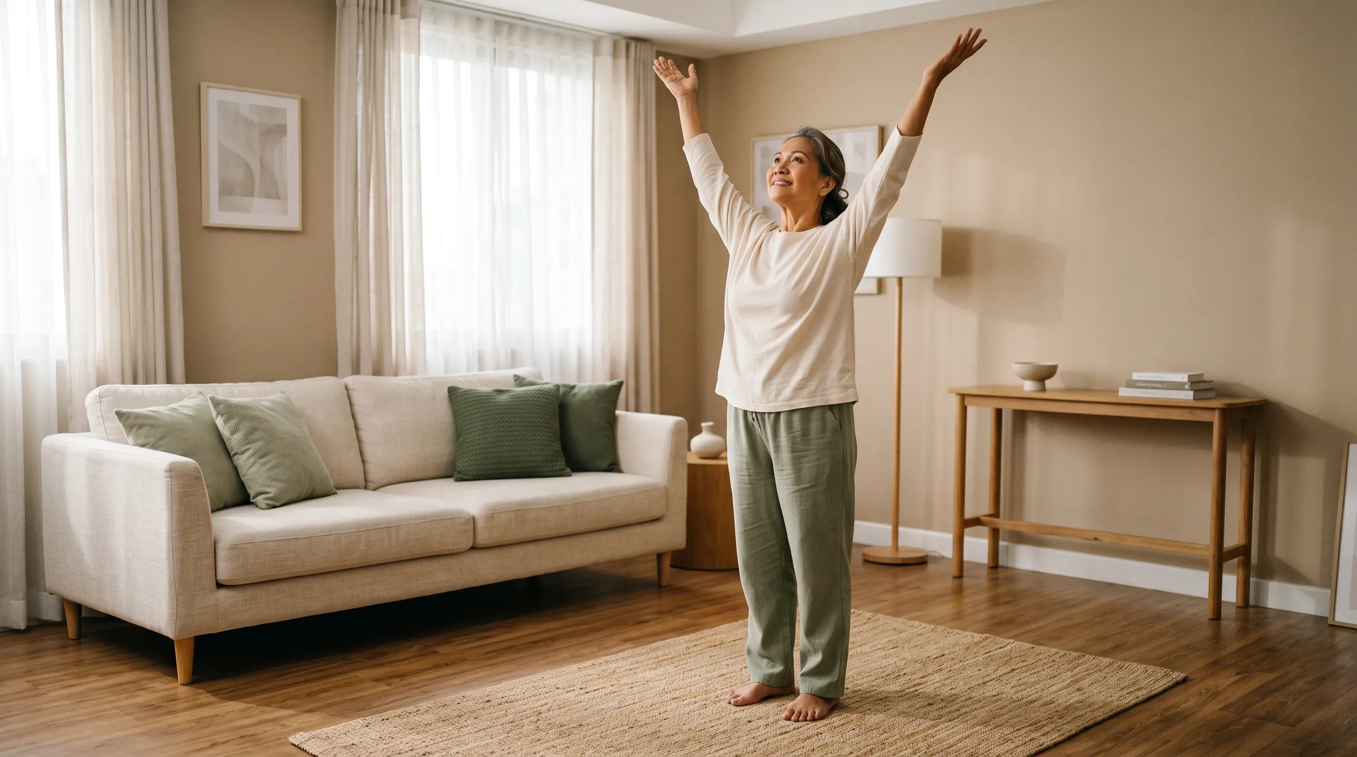 An older woman stretching in a bright living room