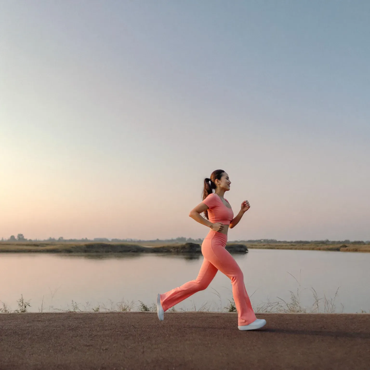 A woman running beside a lake at sunrise