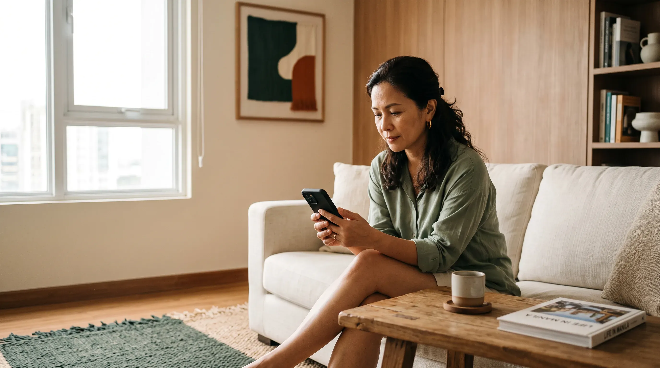 A woman on a sofa reading her phone carefully