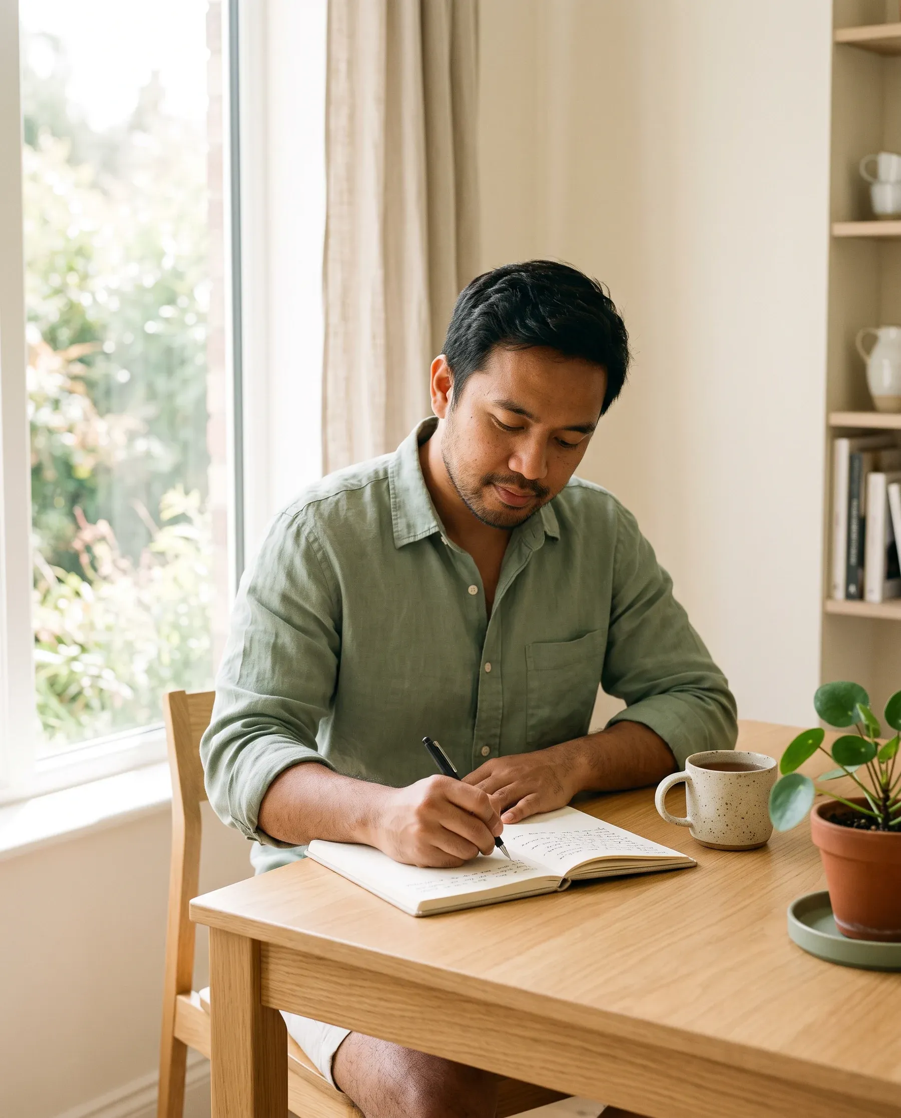 A man writing in a notebook at a wooden table by a window