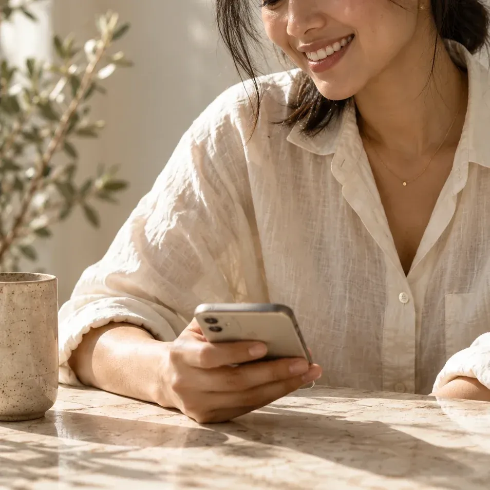 A smiling woman in a linen shirt holding her phone at a stone table
