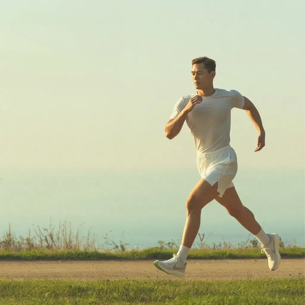 A man running on a grassy path by the sea