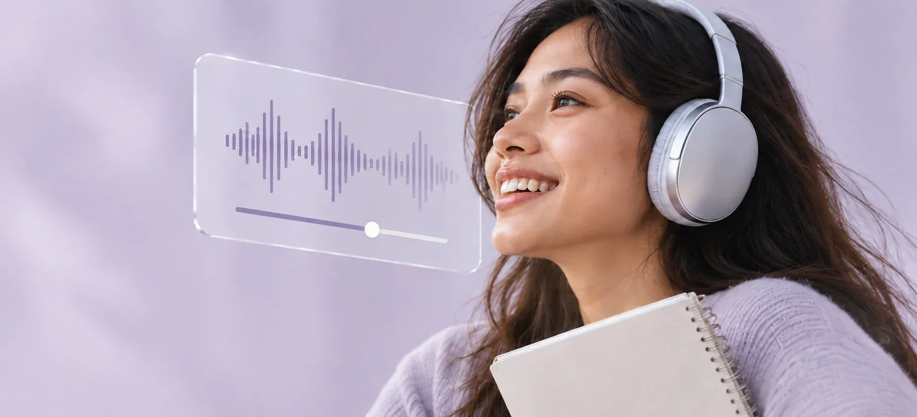 A woman in headphones with a notebook, a sound wave on a glass panel beside her