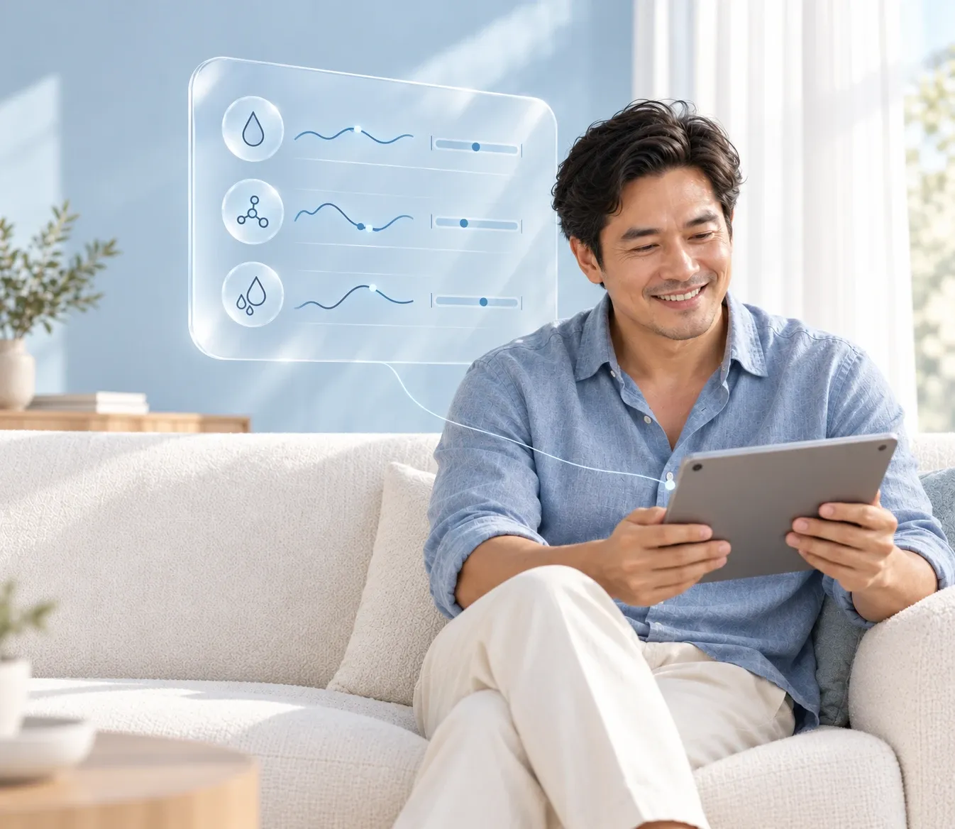 A smiling man on a white sofa reading his tablet, a glass panel of health readings beside him