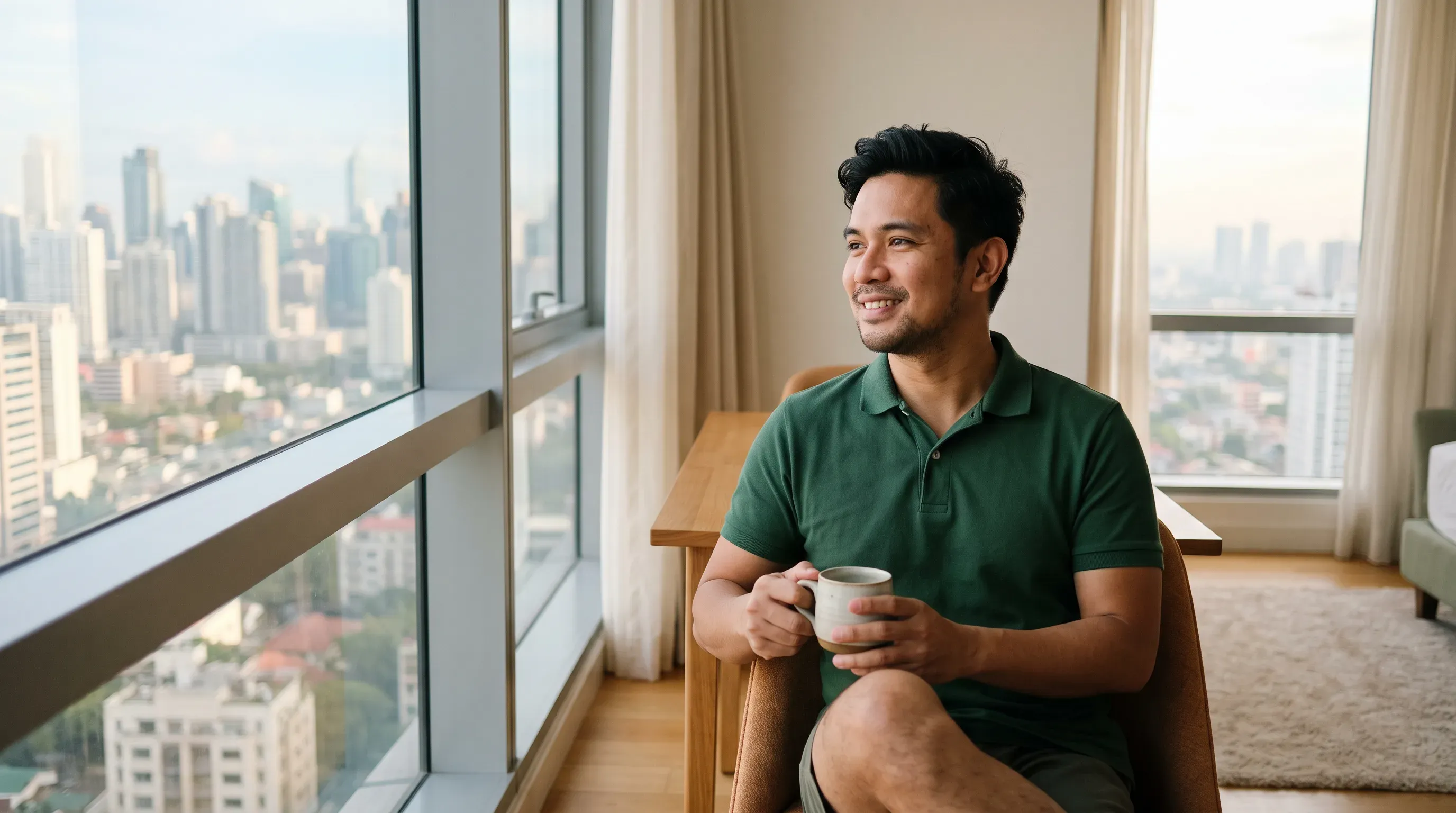 A man with a mug by a window, the city behind him
