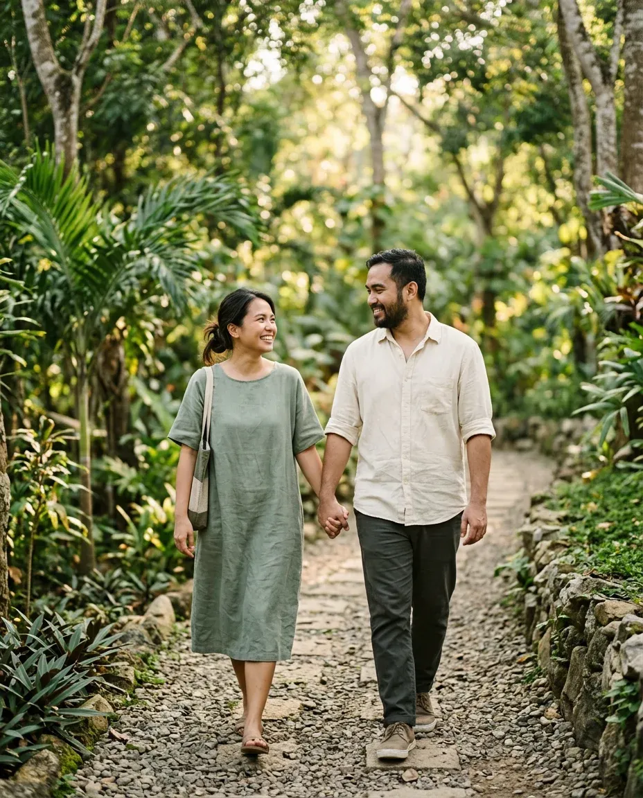 A couple holding hands on a walk along a garden path