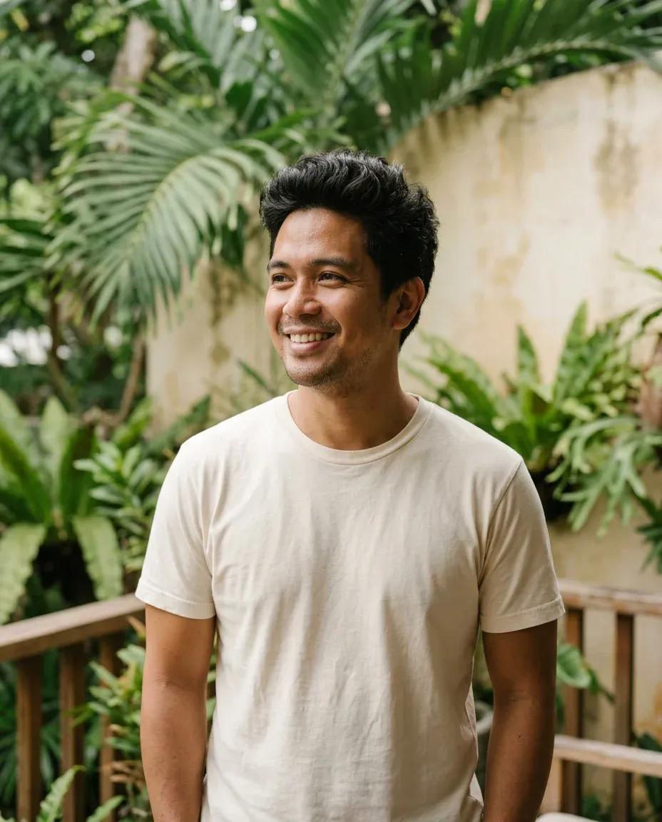 A smiling man standing in a garden of tropical plants
