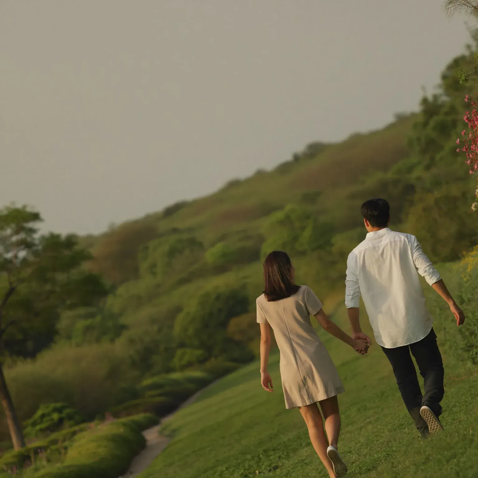 A couple walking hand in hand on a grassy hillside