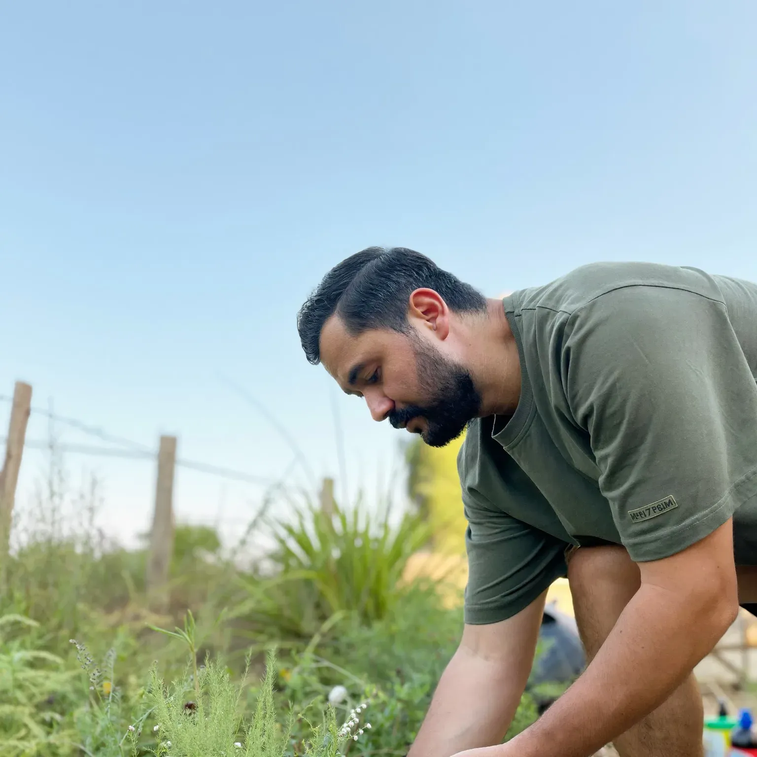 A man bending to tend plants in a garden