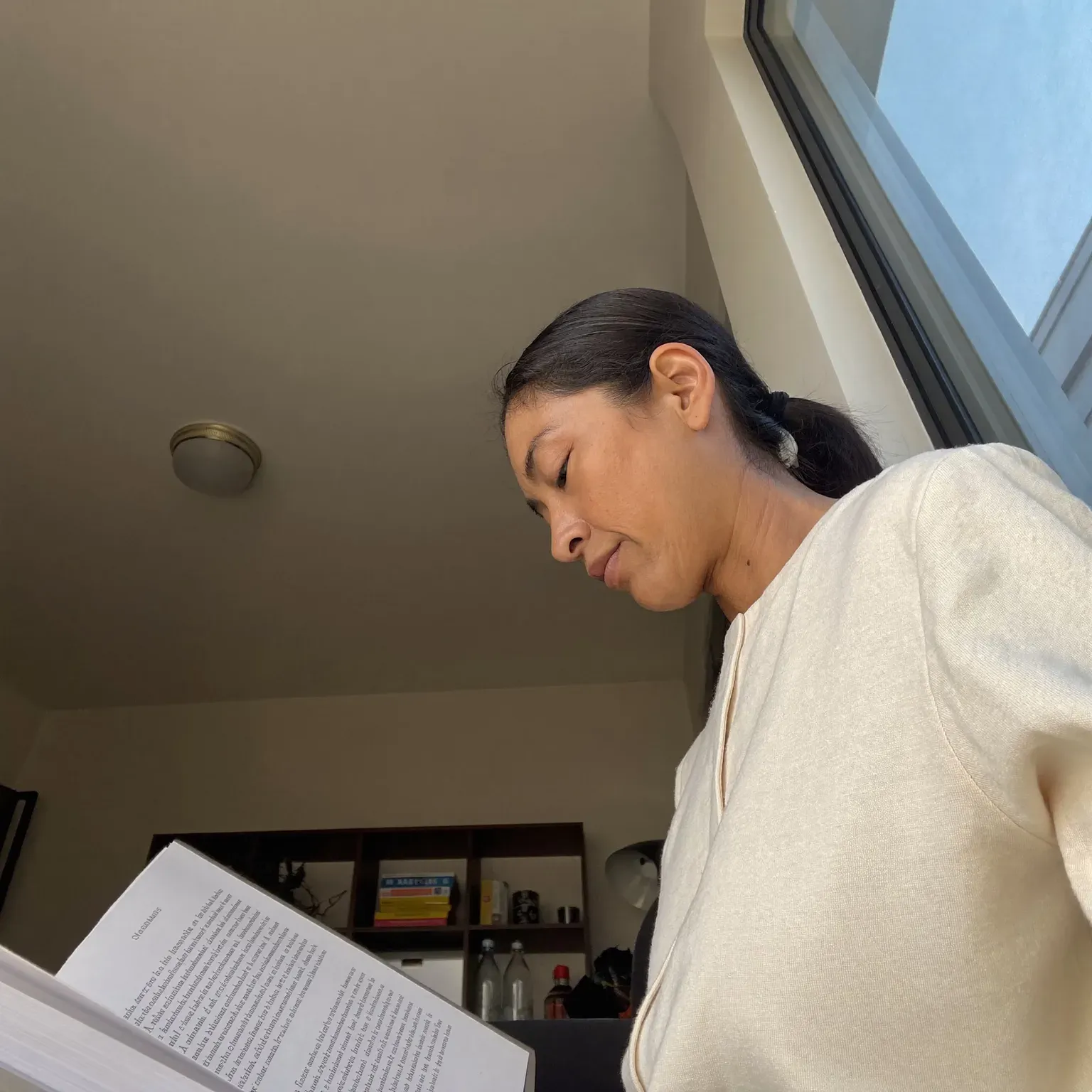 A woman reading papers by a window