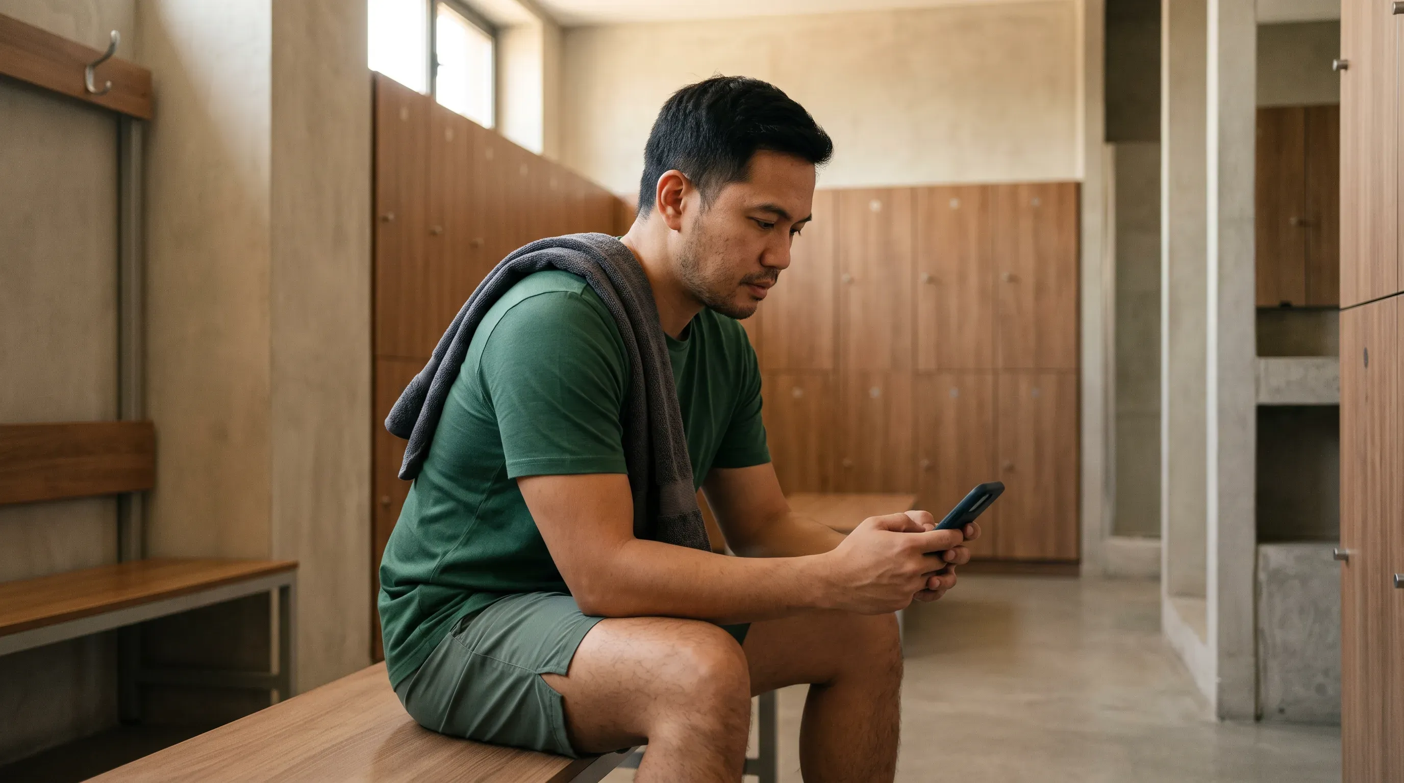 A man on a changing-room bench looking at his phone
