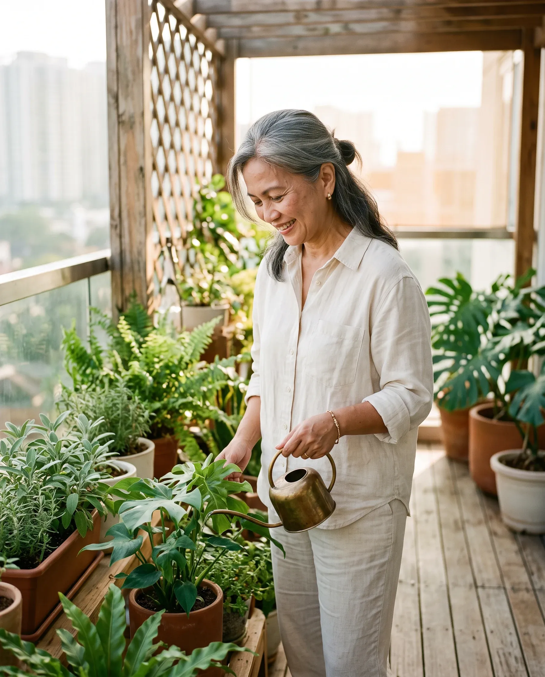 An older woman watering potted plants on a sunny balcony