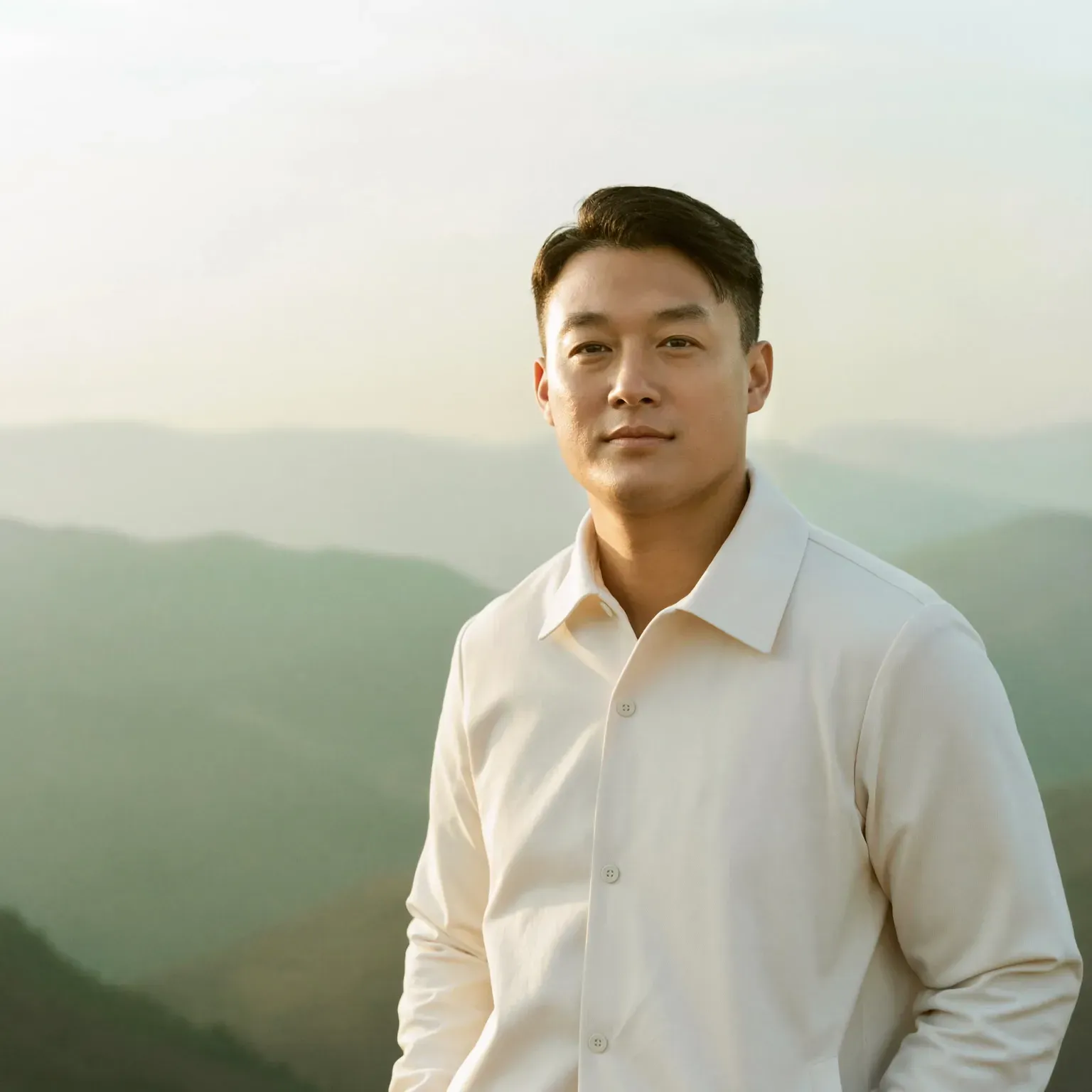 A man standing before a misty mountain view