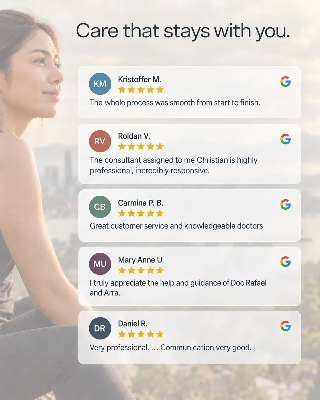 Care that stays with you. Five five-star Google reviews: “The whole process was smooth from start to finish.” (Kristoffer M.); “The consultant assigned to me Christian is highly professional, incredibly responsive.” (Roldan V.); “Great customer service and knowledgeable doctors” (Carmina P. B.); “I truly appreciate the help and guidance of Doc Rafael and Arra.” (Mary Anne U.); “Very professional. … Communication very good.” (Daniel R.)