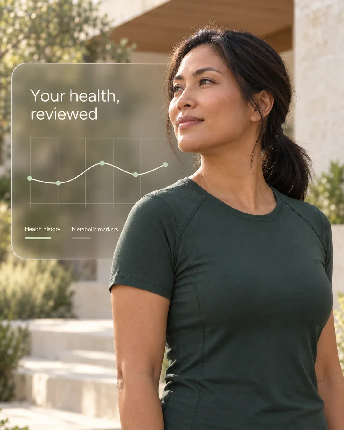 A woman outdoors in morning sun beside a glass panel reading “Your health, reviewed”, with a chart of her health history and metabolic markers
