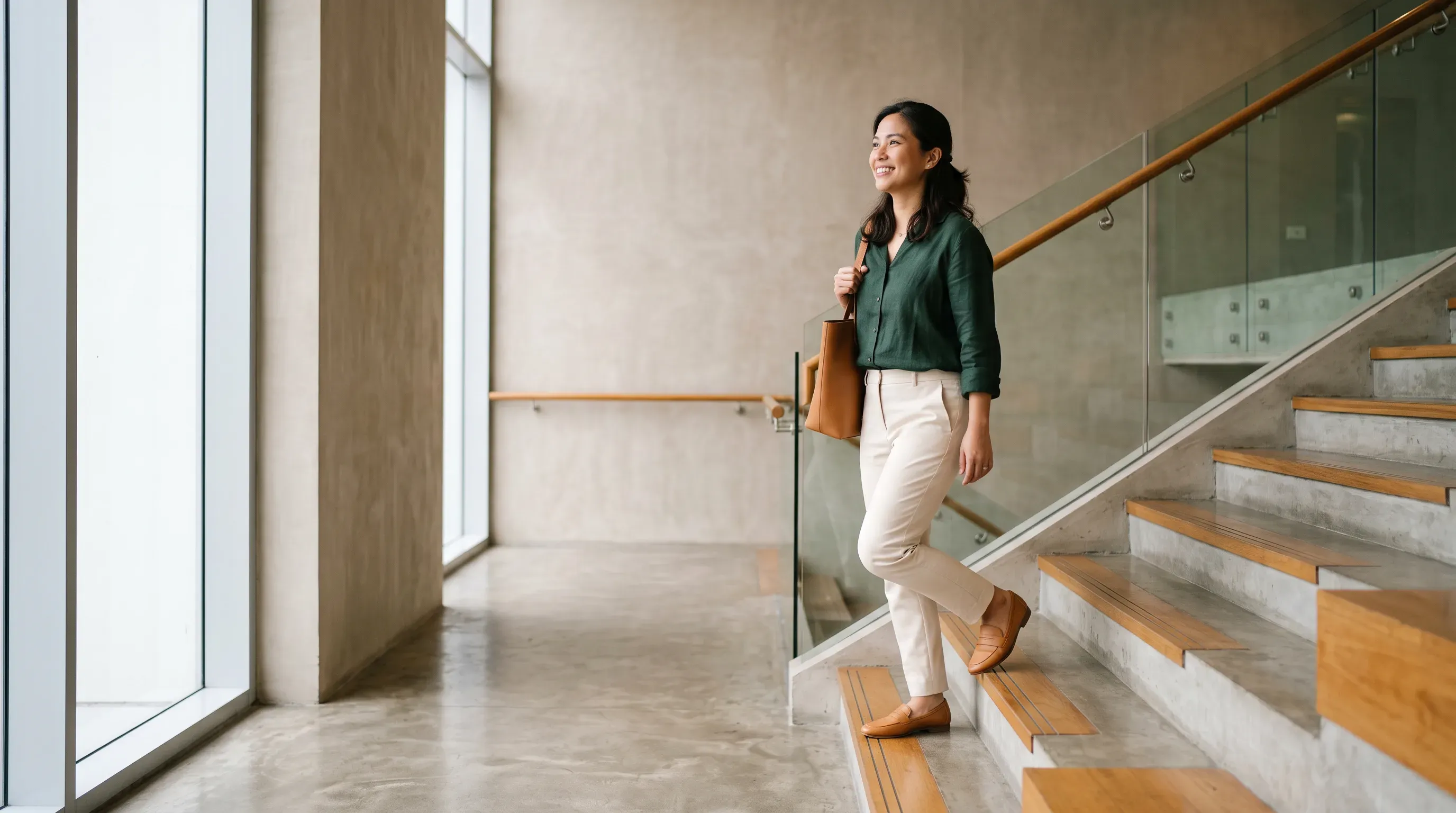A woman climbing a bright modern staircase