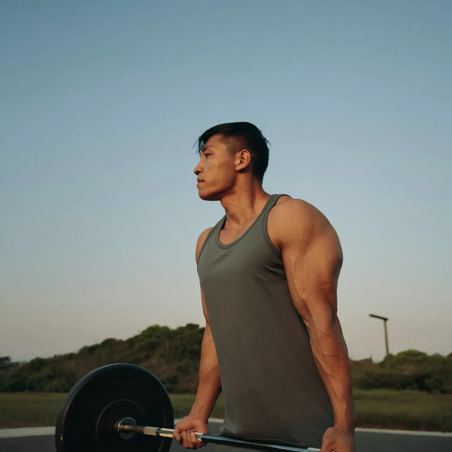 A man lifting a barbell outdoors