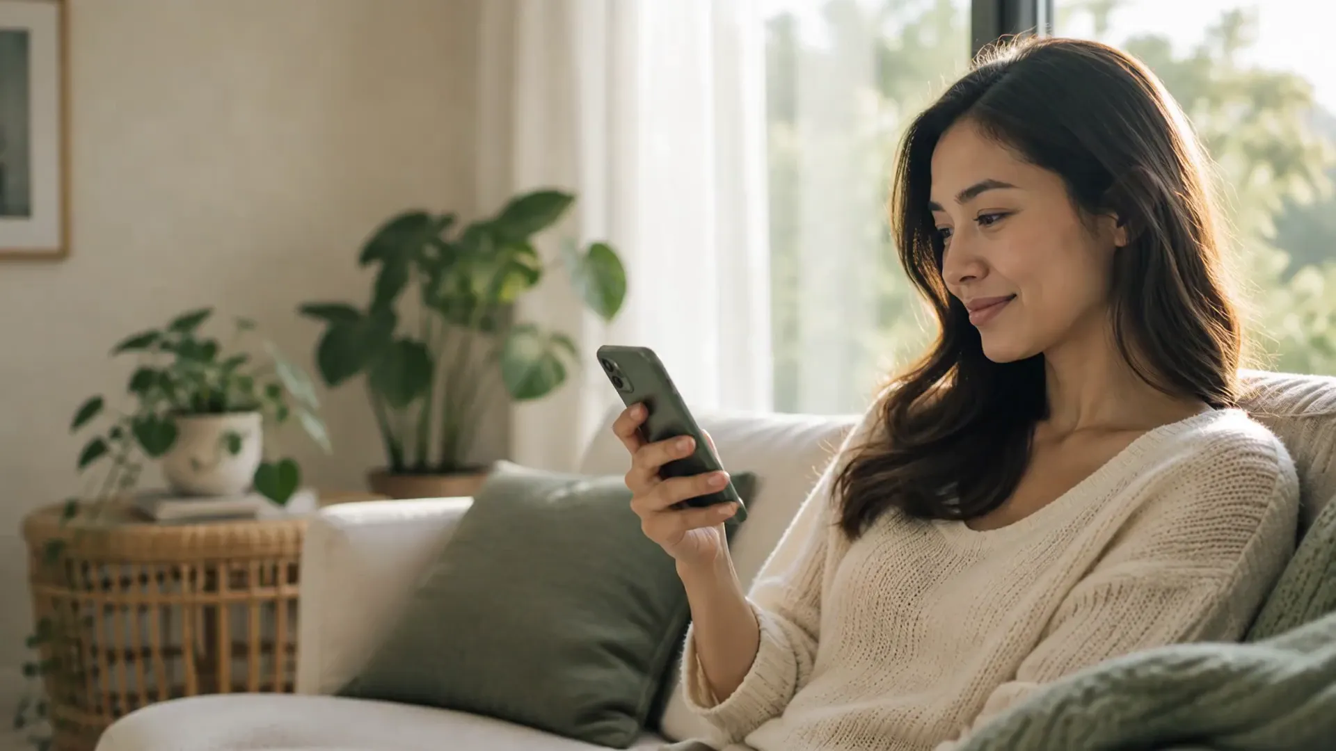 A woman smiling at her phone on a sofa in a bright living room