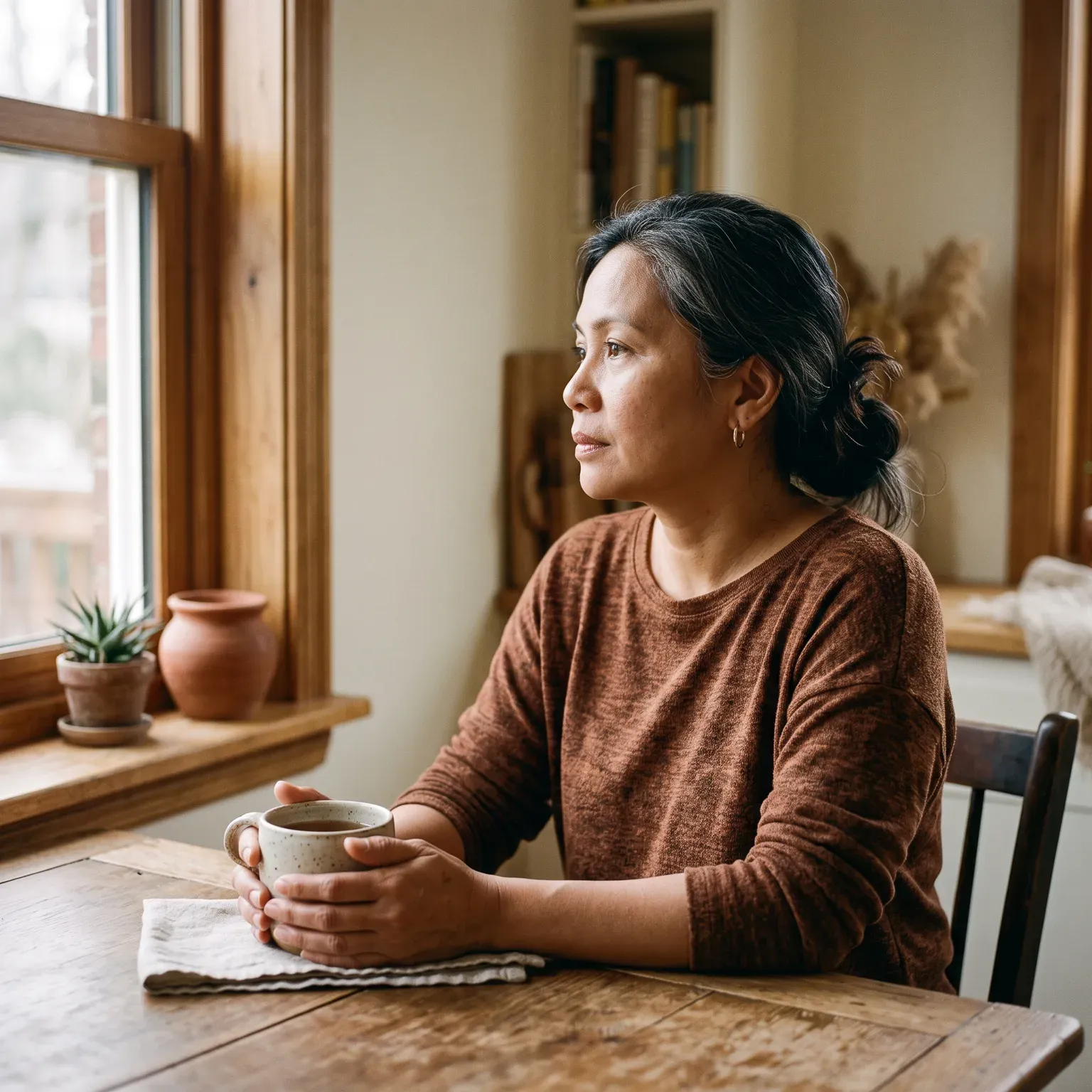 A woman at a kitchen table with a cup, looking out of the window