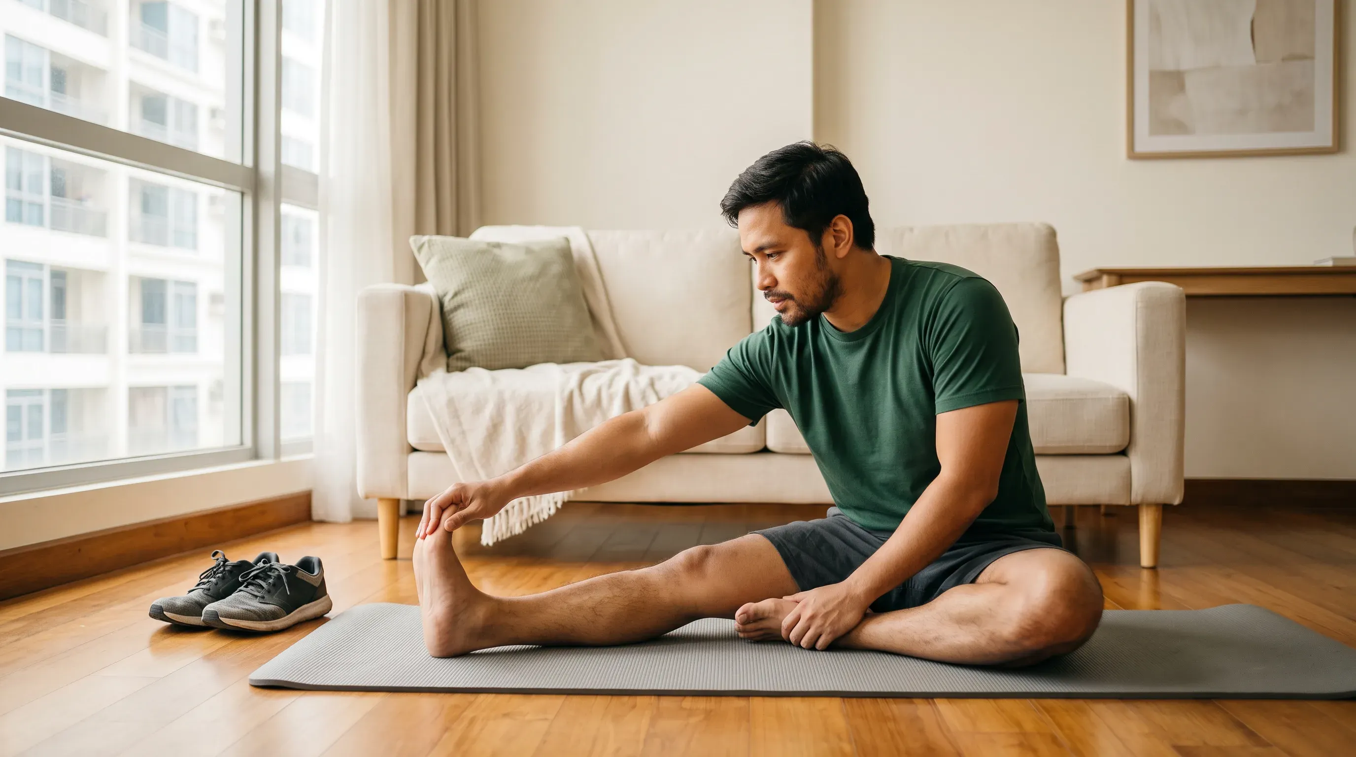 A man stretching one leg on an exercise mat at home
