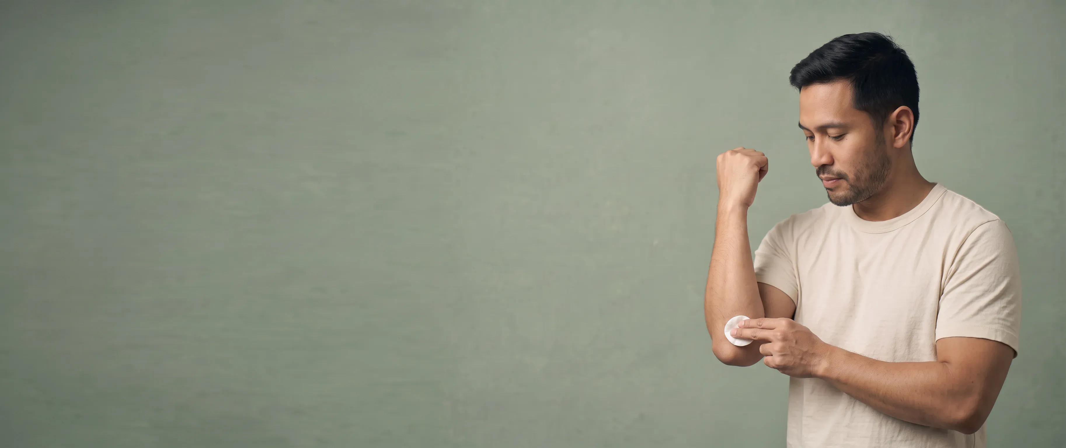A man pressing a cotton pad to the inside of his elbow, in front of a sage-green wall