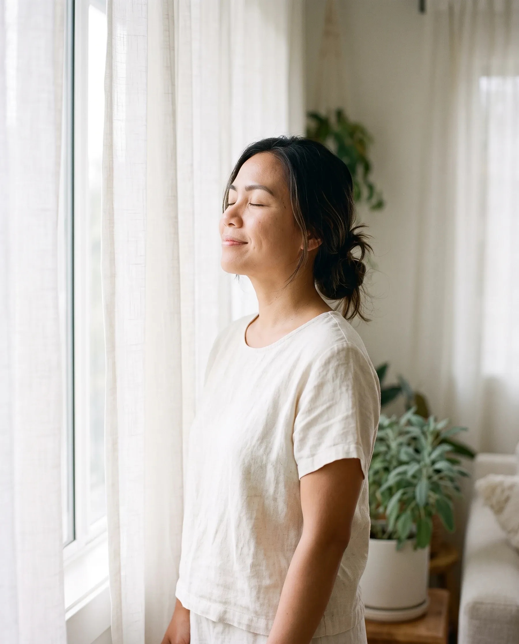 A woman with her eyes closed in soft morning light by a window