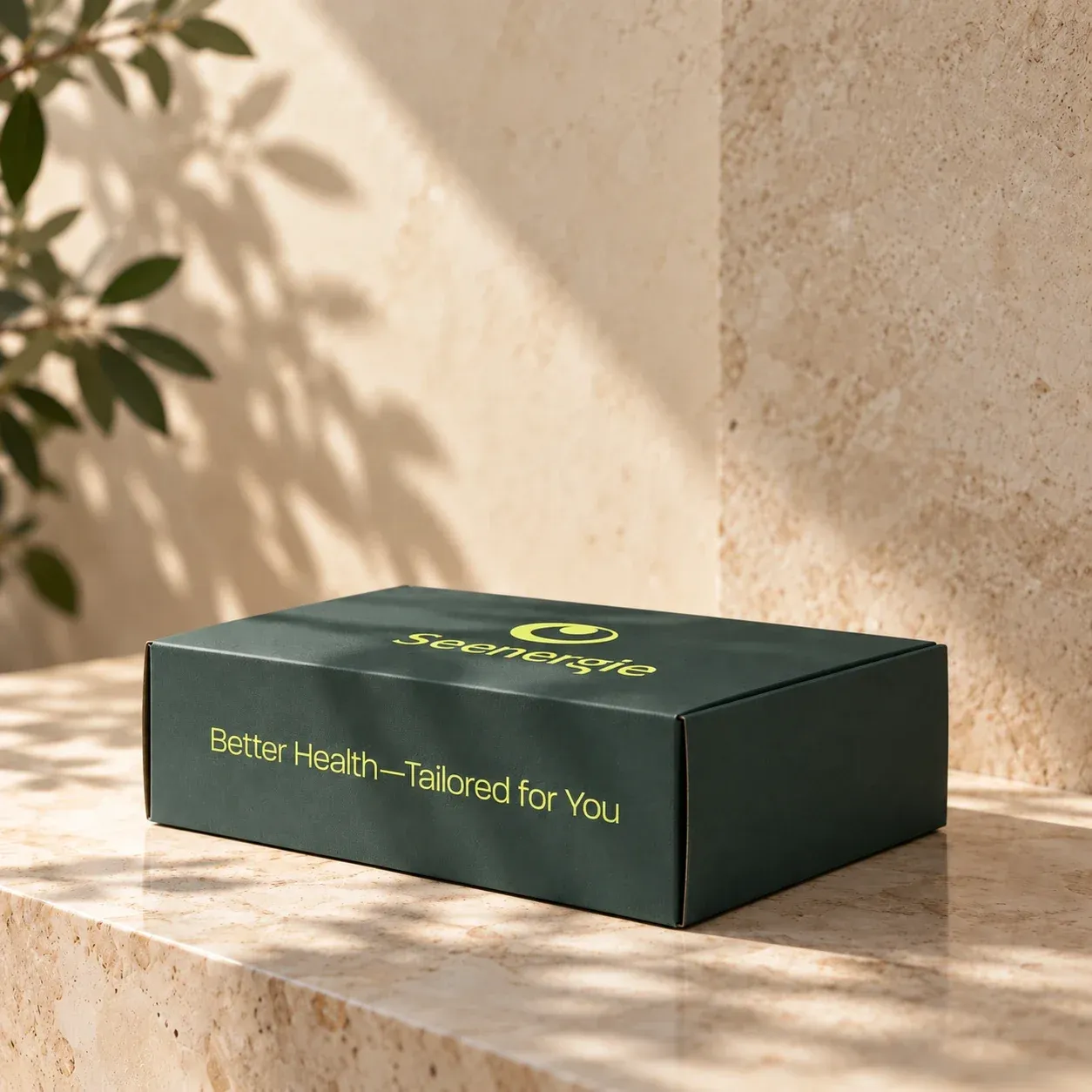 A dark green Seenergie box reading “Better Health—Tailored for You” on a sunlit stone ledge