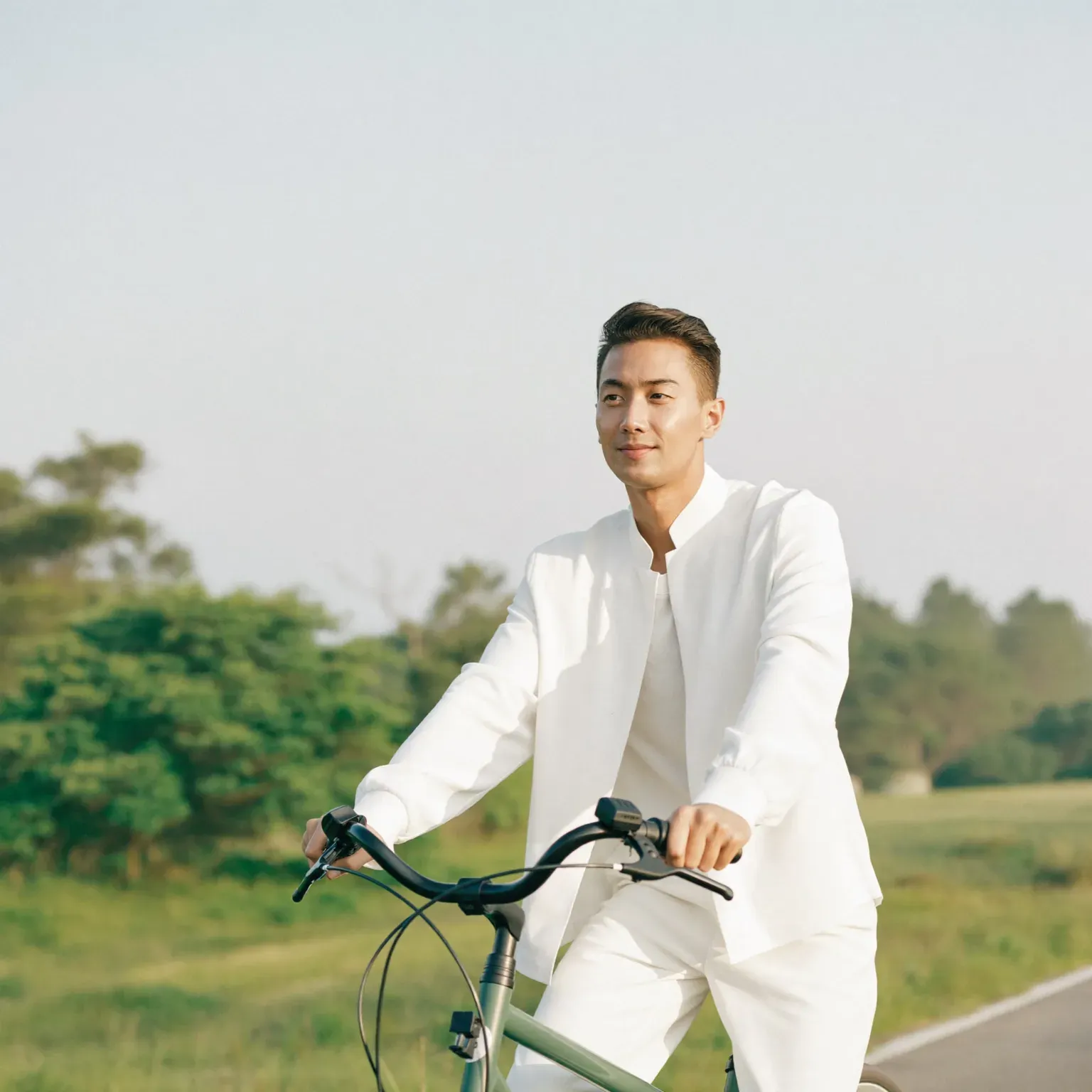 A man on a bicycle on a country path