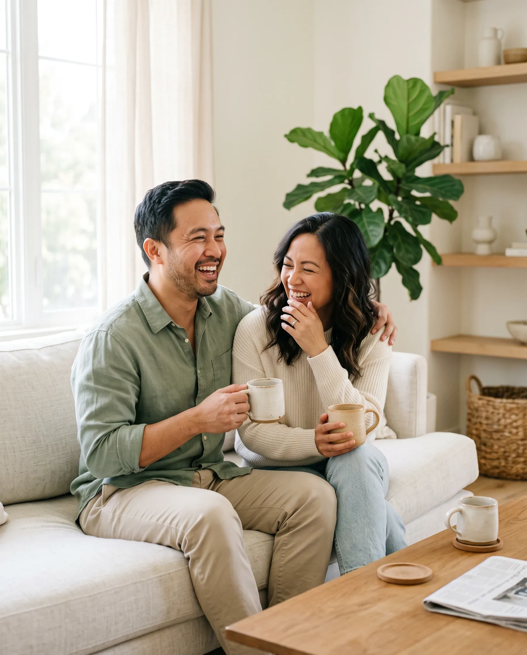 A couple laughing together on a sofa at home with cups of coffee