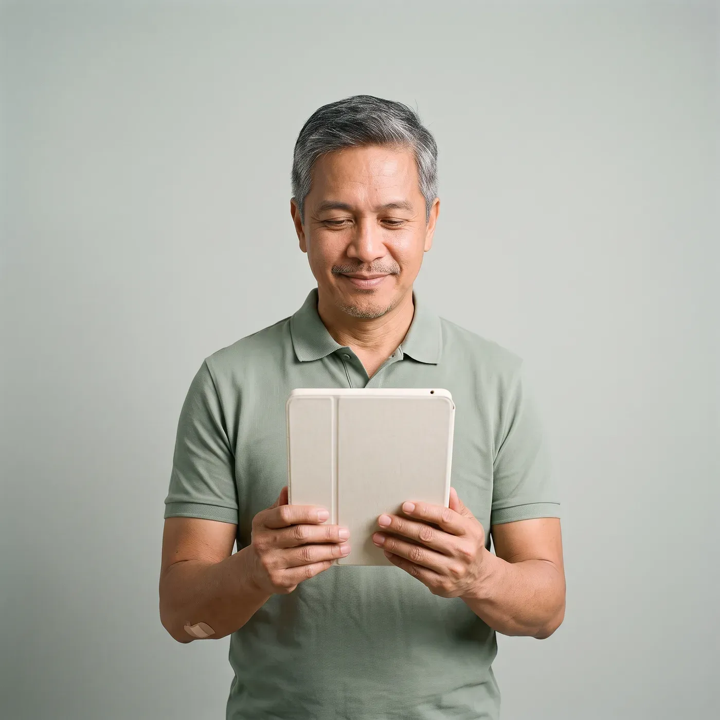A man reading from a tablet, a small plaster on the inside of his elbow