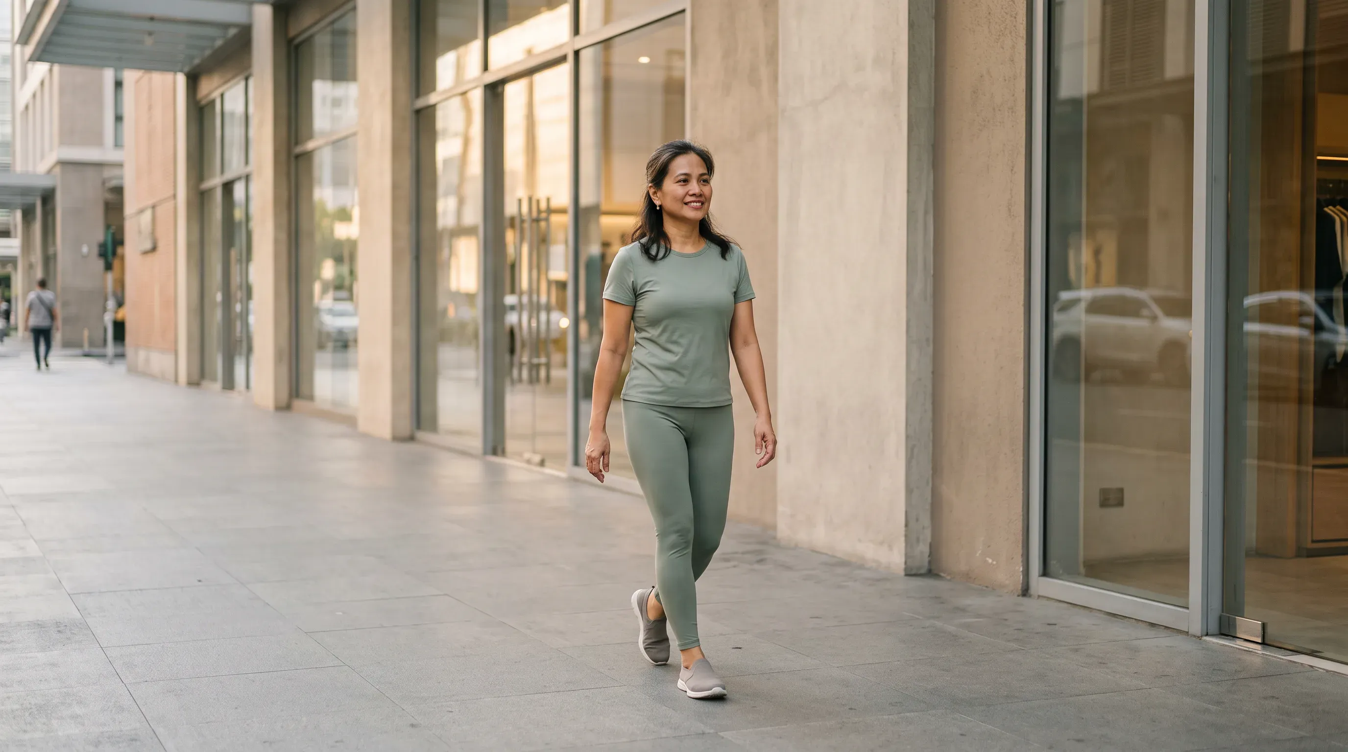 A woman in activewear walking along a city sidewalk