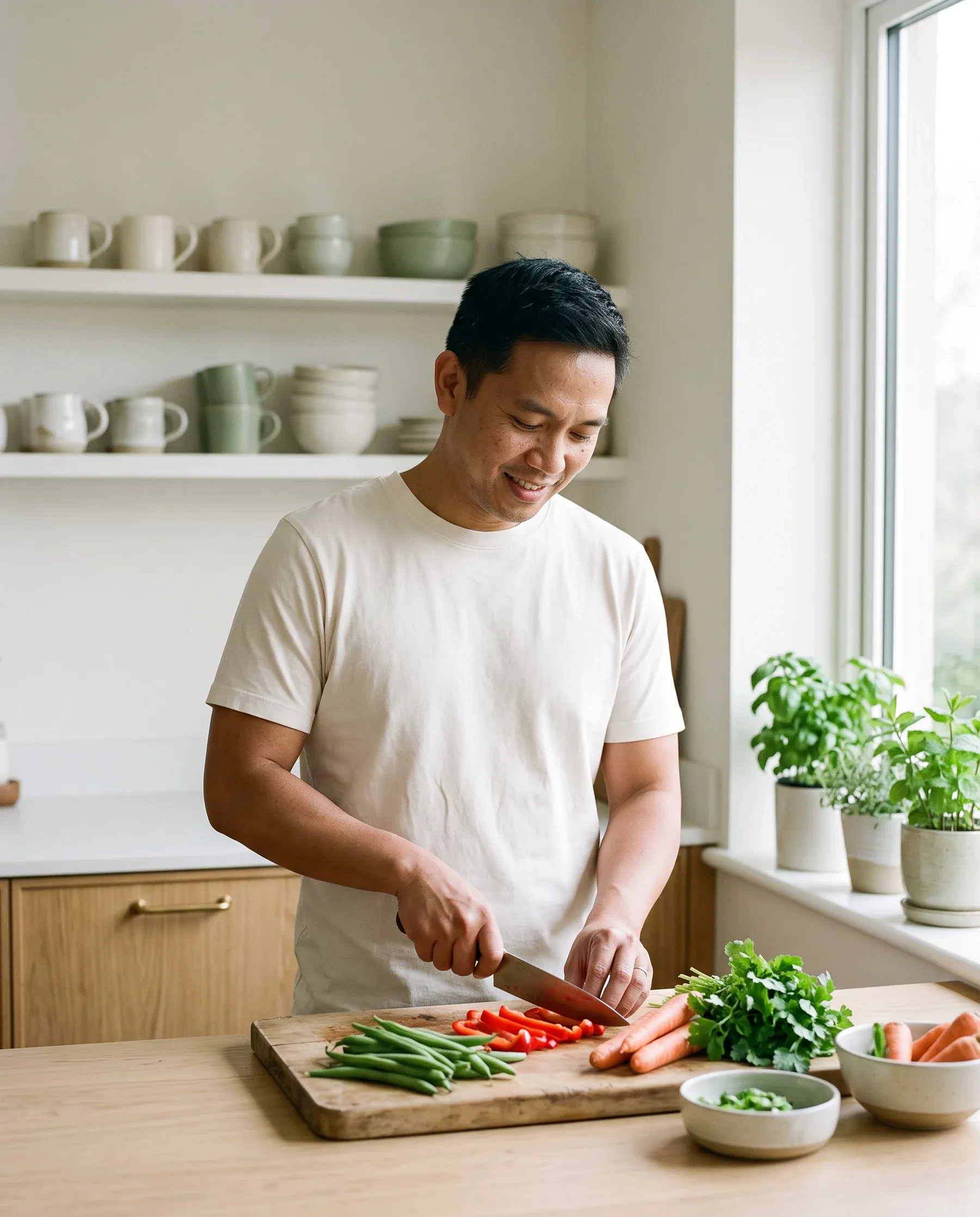 A man chopping fresh vegetables in a bright kitchen at home