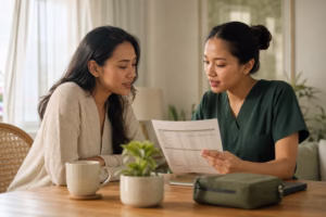 Clinician reviewing a PCOS work up with a patient at home